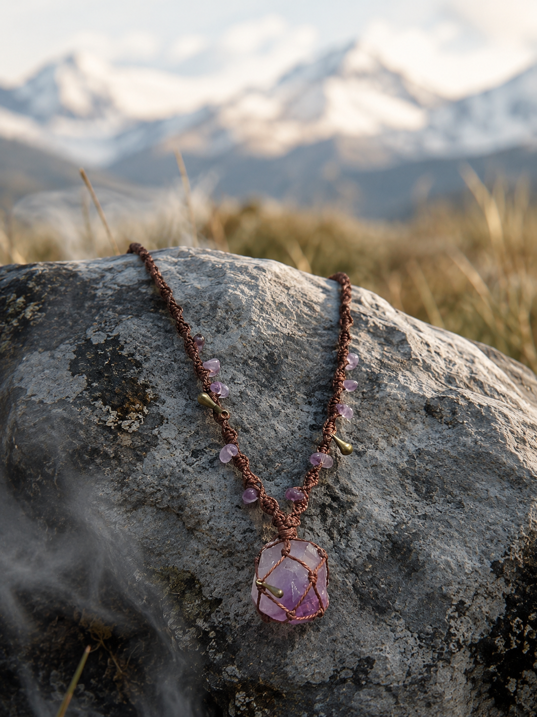 Amethyst pendant displayed on mountain stone
