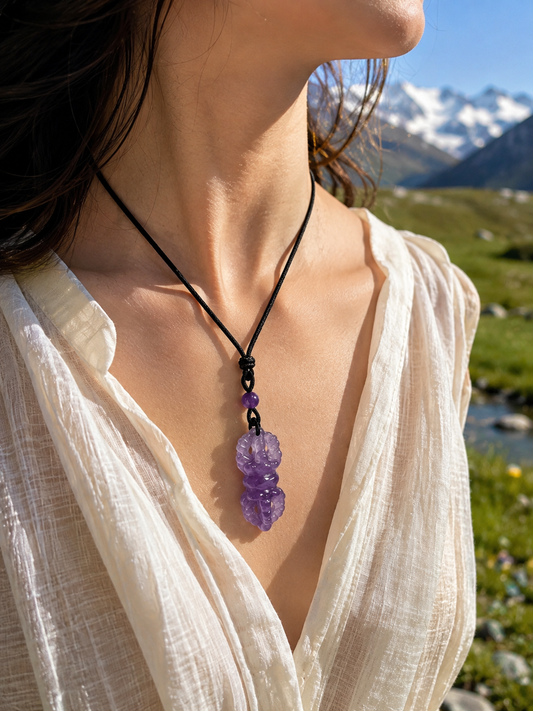 Amethyst vajra pendant necklace worn at the chest