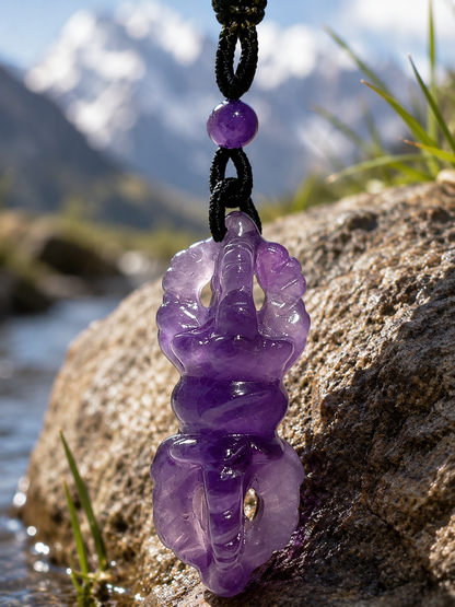 Close detail of carved amethyst vajra pendant
