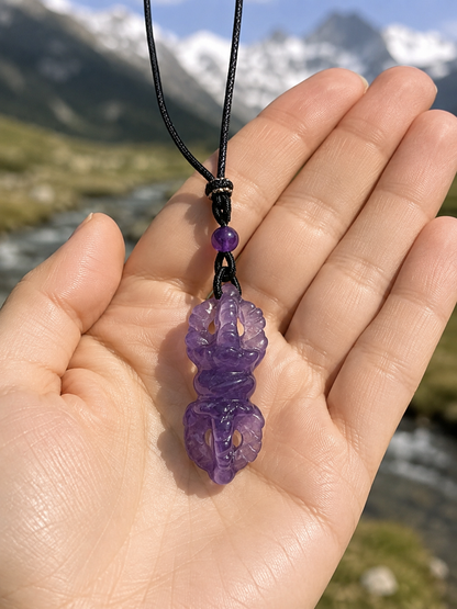 Amethyst vajra pendant resting on an open palm, with its dark cord and purple bead visible
