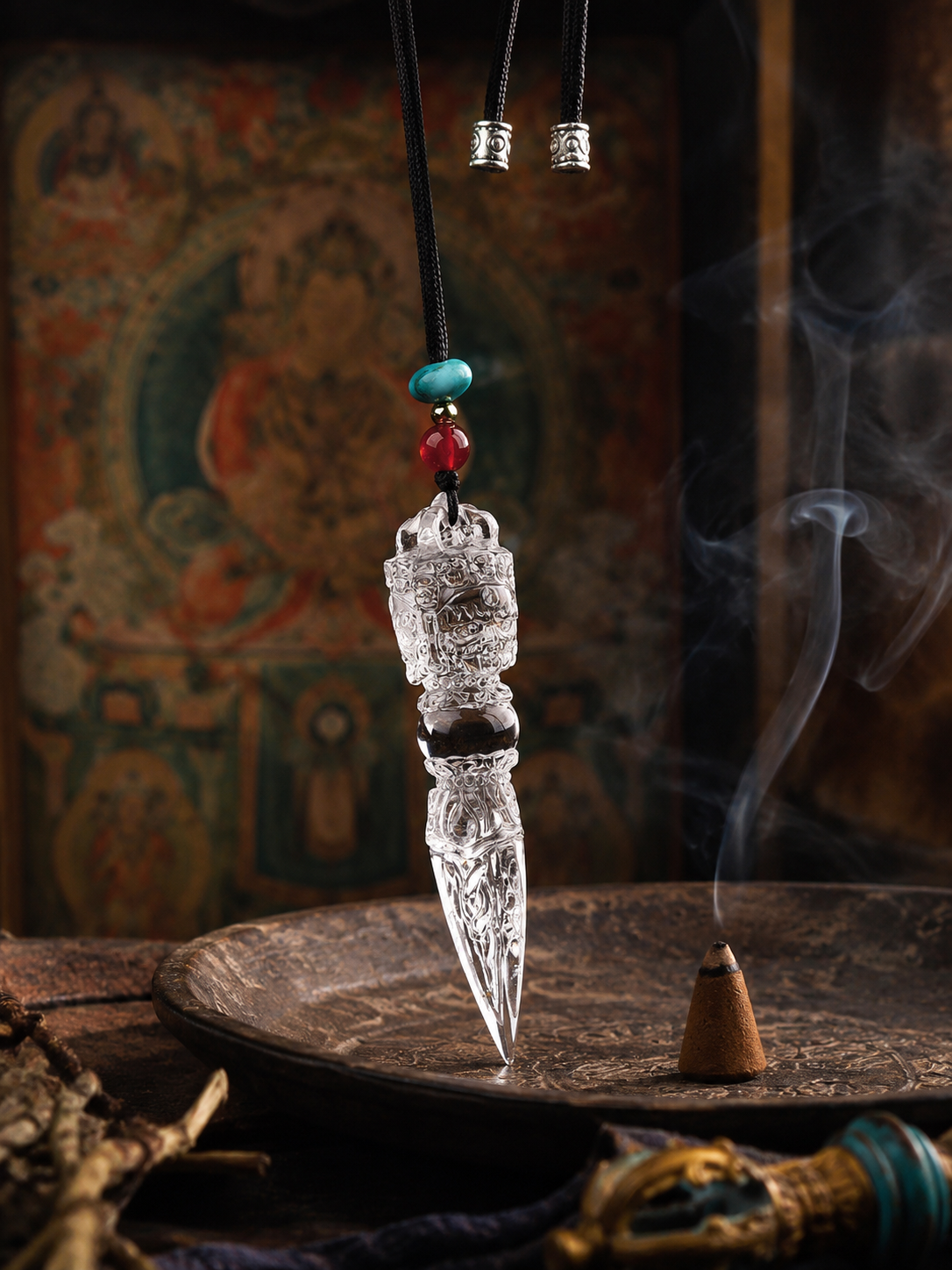 Clear quartz vajra pendant hanging above a wooden table, with red and turquoise-colored accent beads