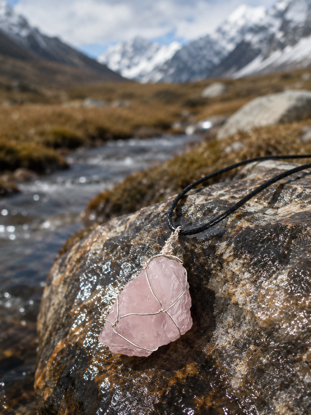 Himalayan raw rose quartz pendant necklace
