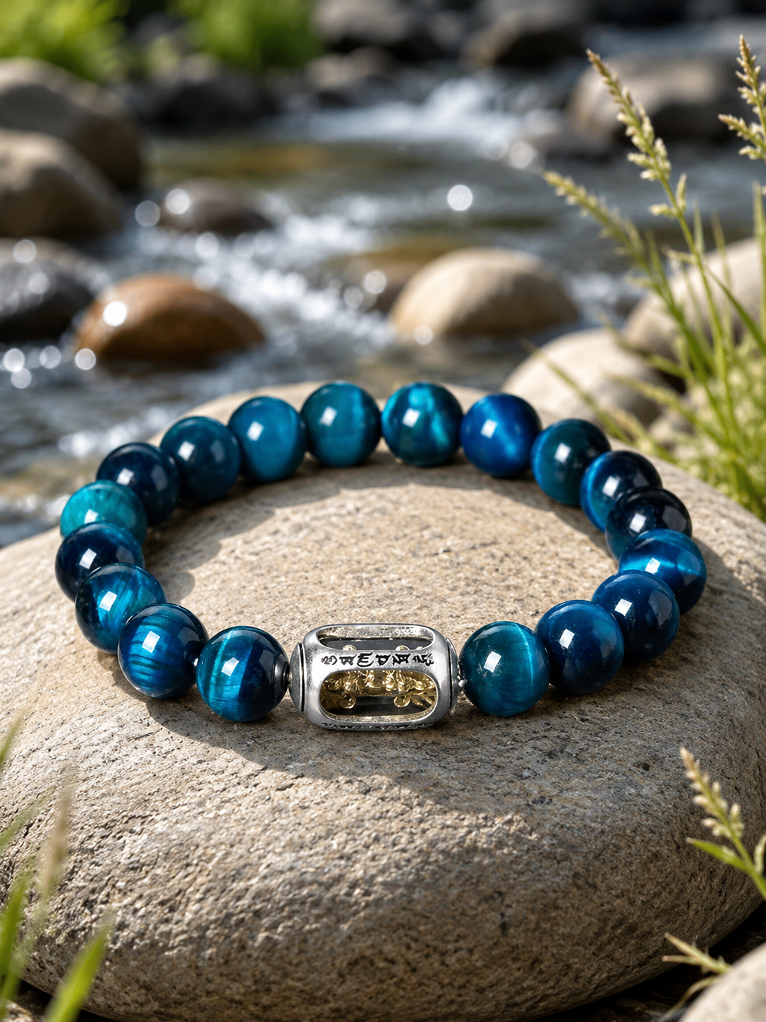 Blue Tiger’s Eye Six-Syllable Mantra Prayer Wheel Bracelet — detail view
