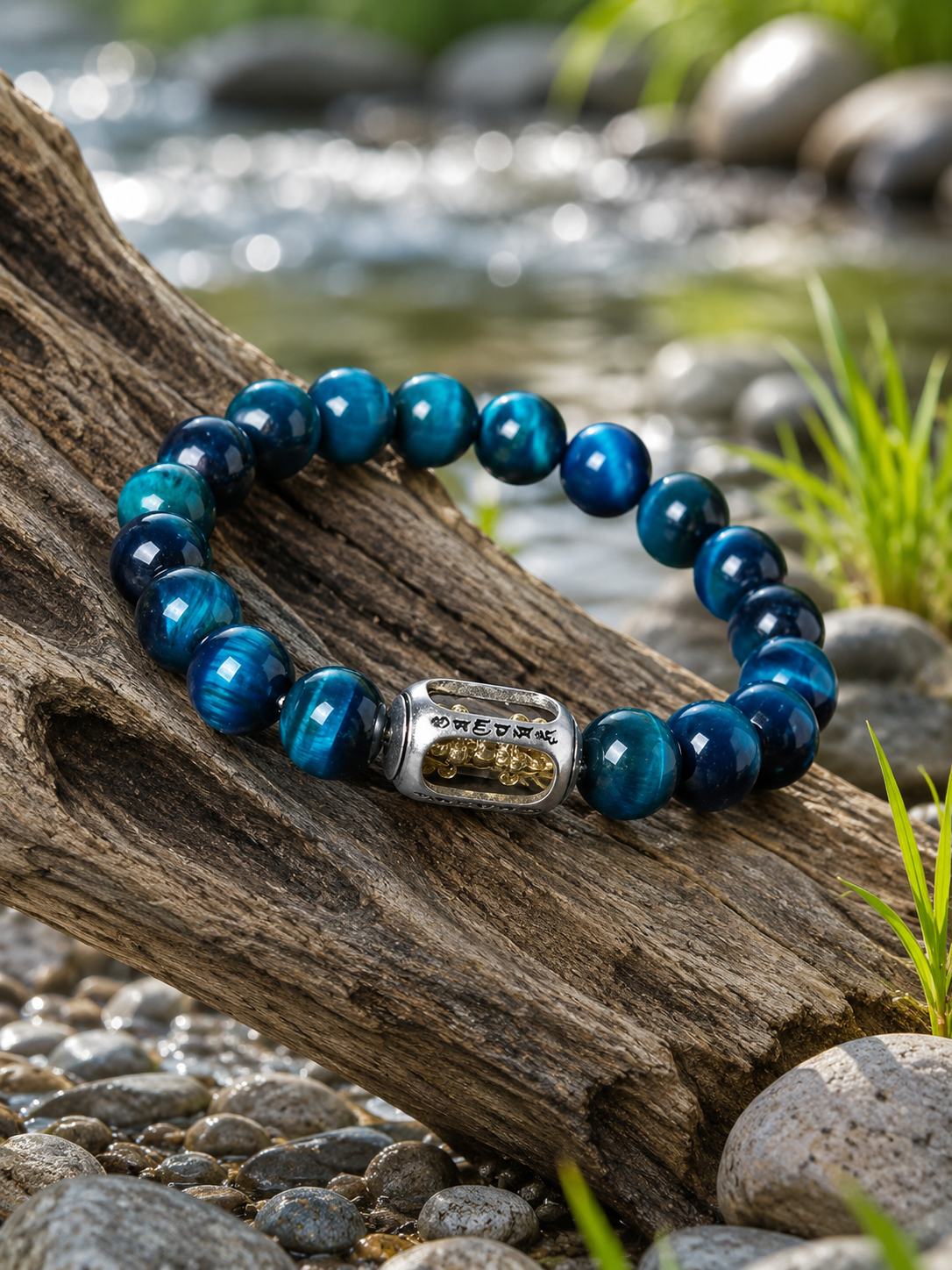Blue Tiger’s Eye Six-Syllable Mantra Prayer Wheel Bracelet — detail view