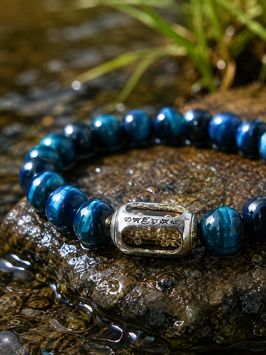 Blue Tiger’s Eye Six-Syllable Mantra Prayer Wheel Bracelet — main product view