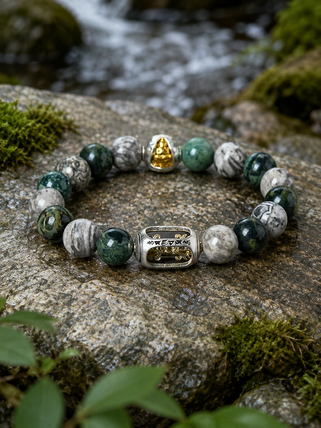 Map Stone Six-Syllable Mantra Prayer Wheel Bracelet — detail view