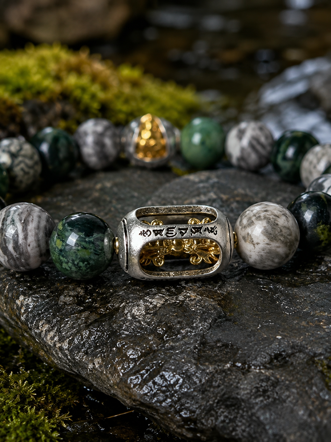Map Stone Six-Syllable Mantra Prayer Wheel Bracelet — detail view