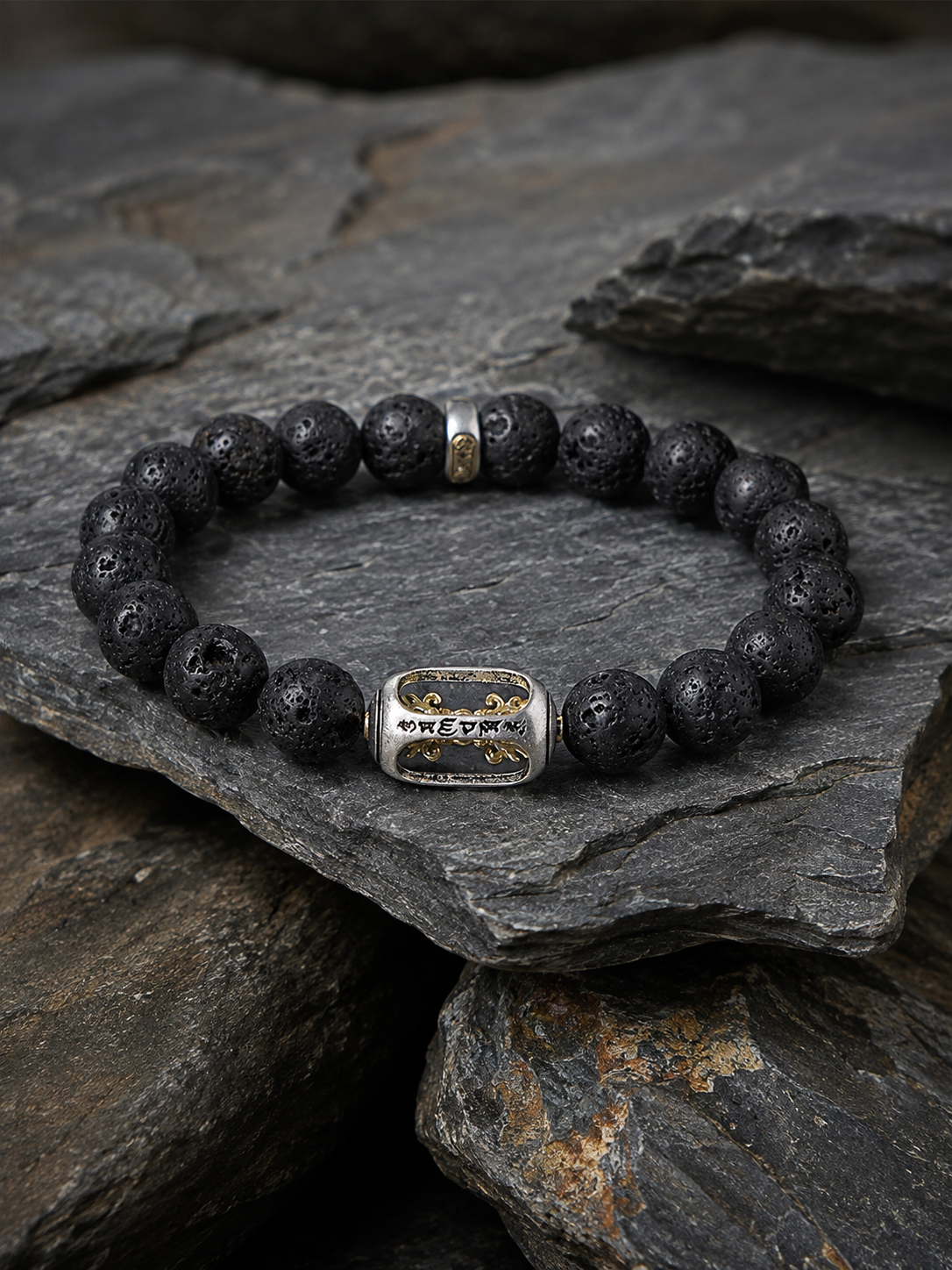 Volcanic Stone Six-Syllable Mantra Prayer Wheel Bracelet — detail view