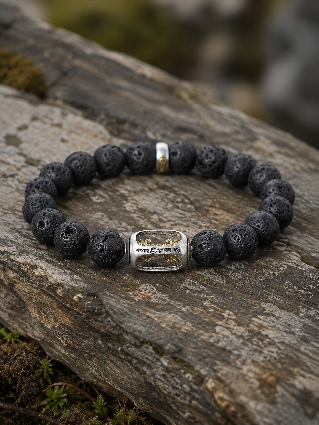 Volcanic Stone Six-Syllable Mantra Prayer Wheel Bracelet — detail view