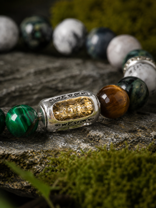 Natural Multi-Stone Mantra Prayer Wheel Bracelet — detail view