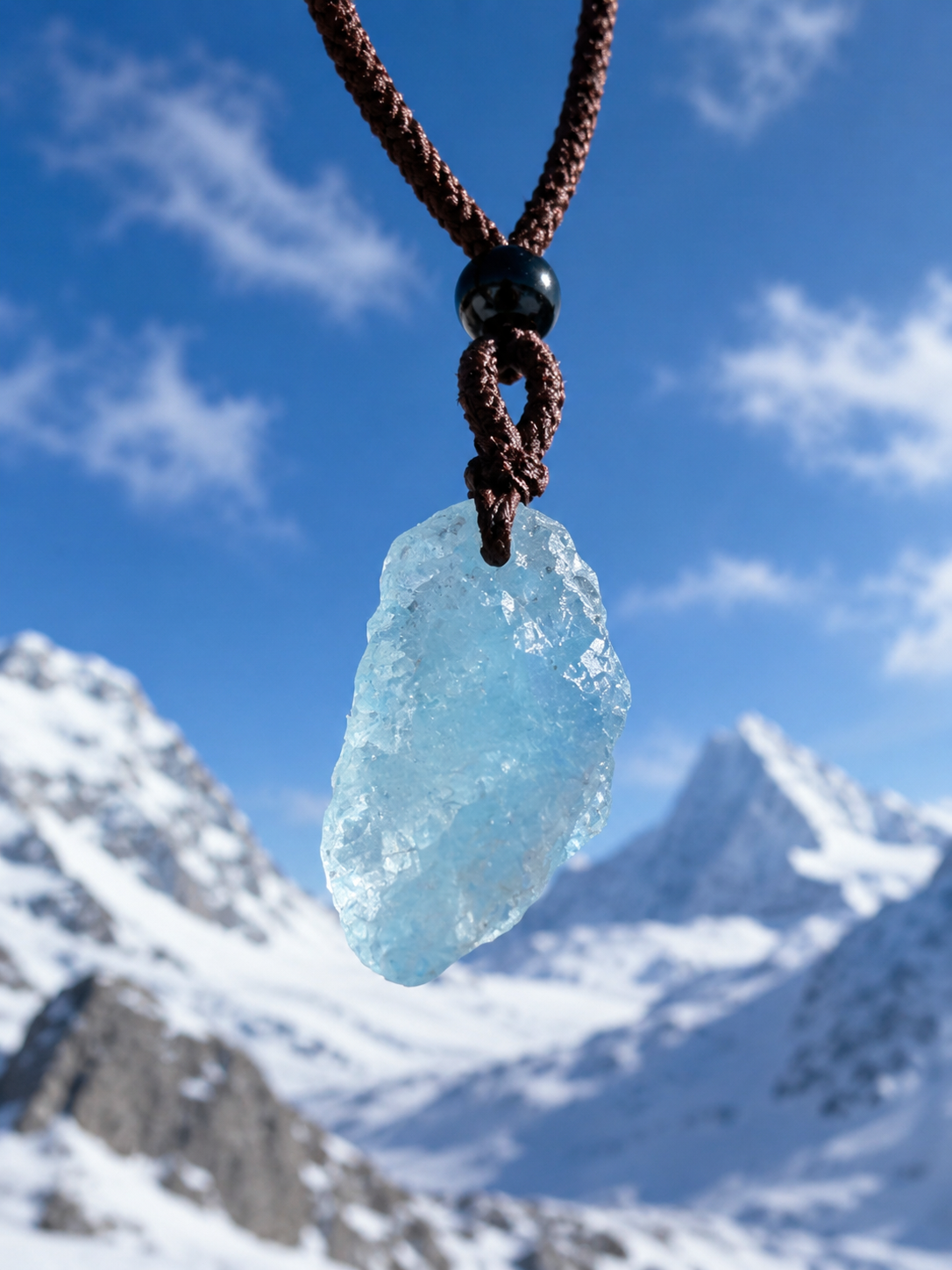 Raw aquamarine pendant suspended against blue sky and snowy mountains