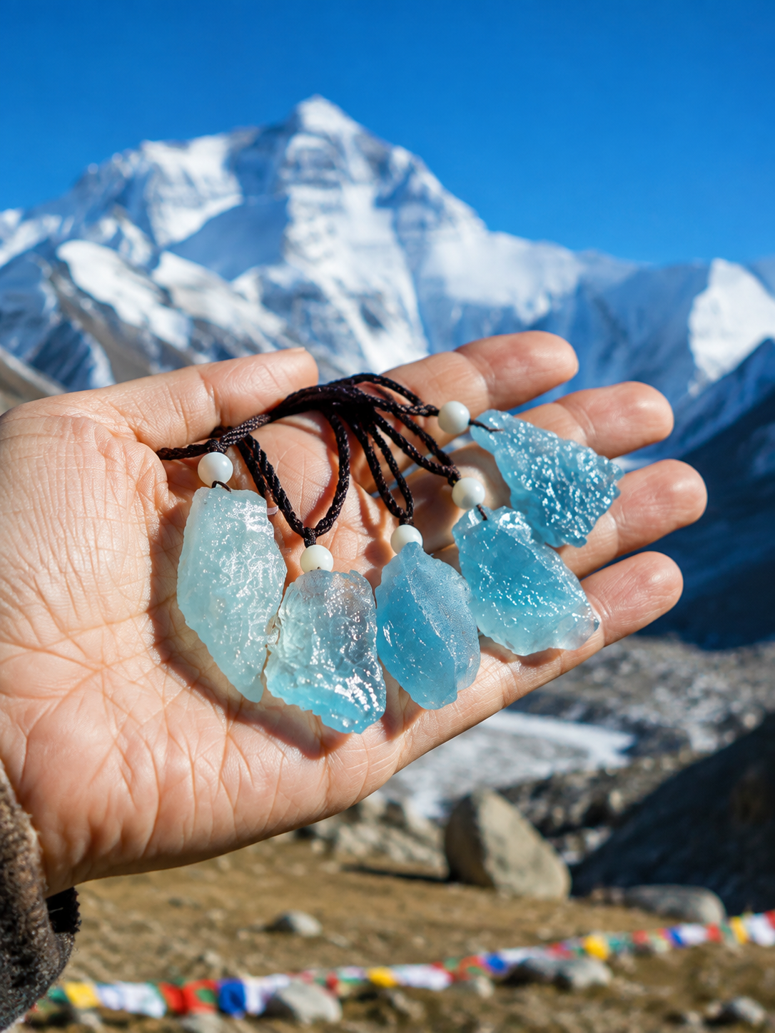 Several raw aquamarine pendants held in one hand, showing variations in shape and pale blue color