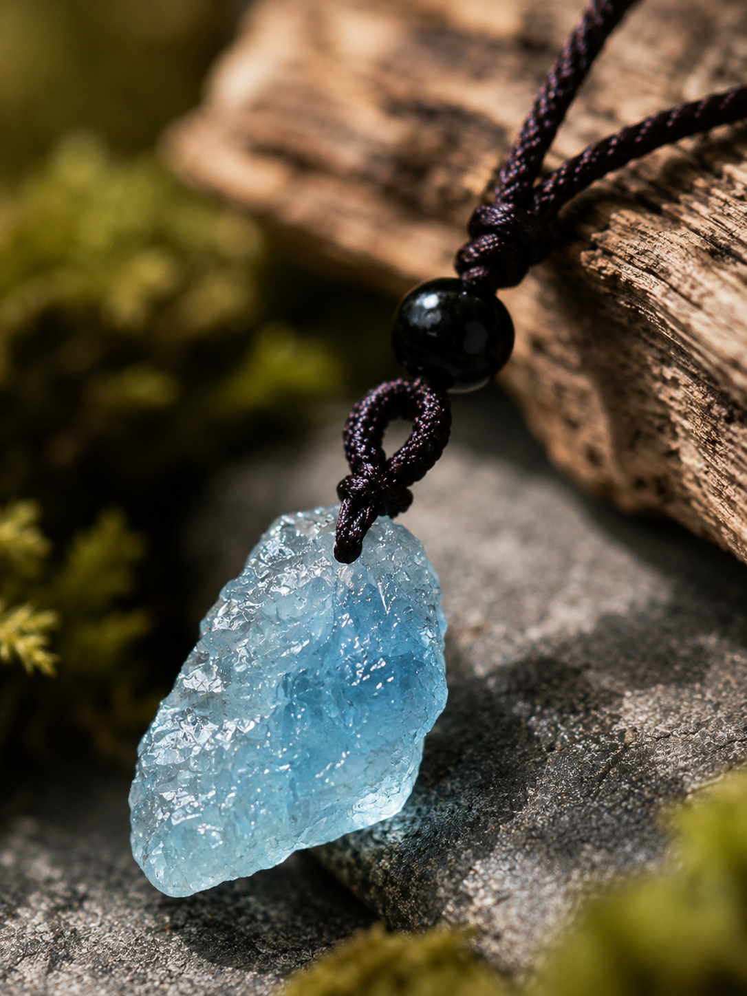 Close view of the aquamarine pendant's rough surface and knotted cord attachment