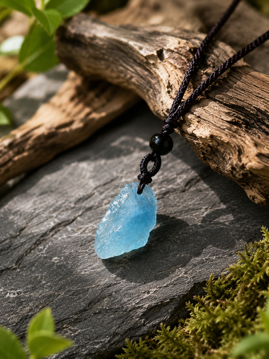 Raw aquamarine pendant on a dark cord, resting on stone beside weathered wood