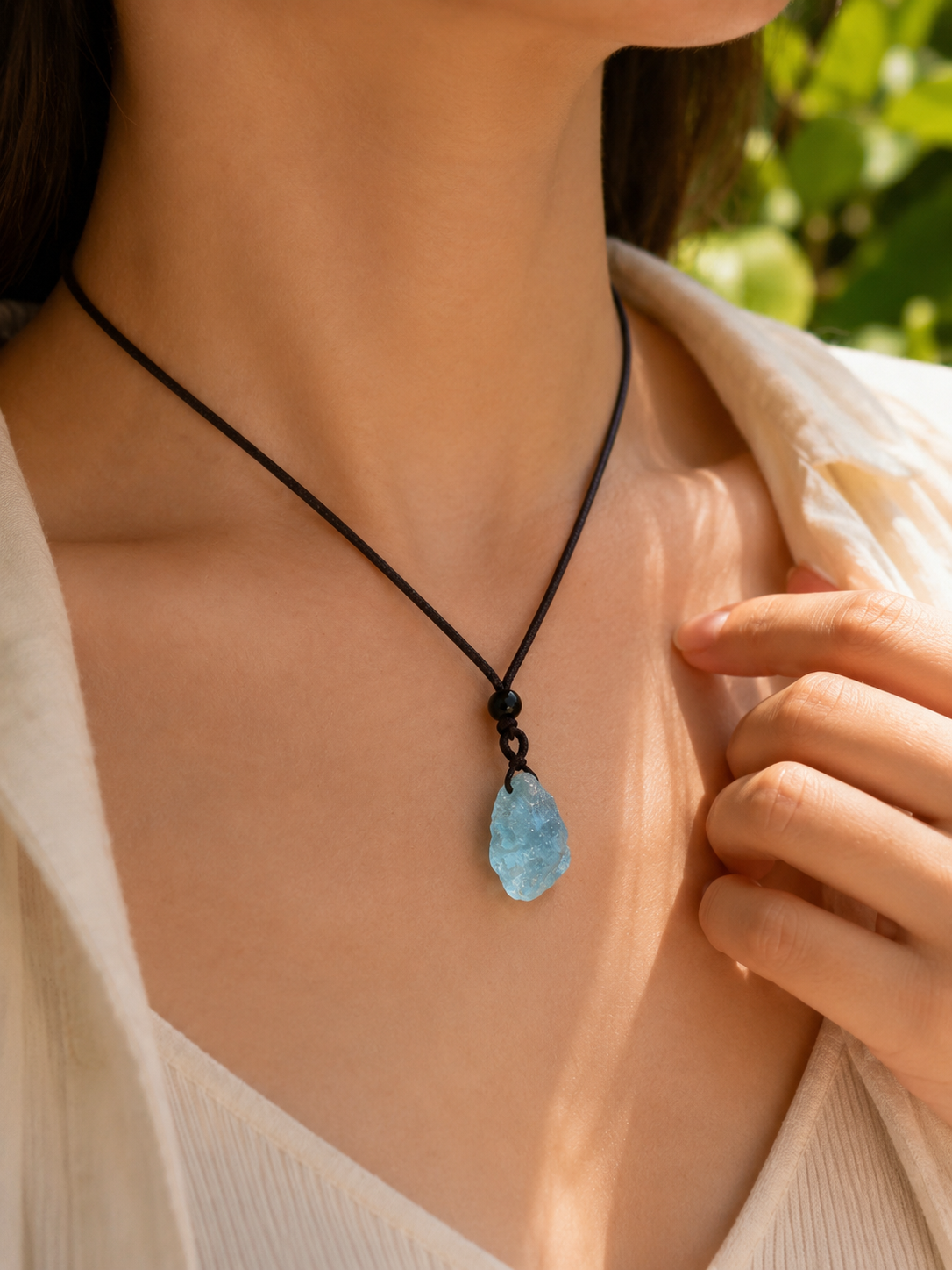 Small pale blue aquamarine pendant worn on a dark cord against a cream top