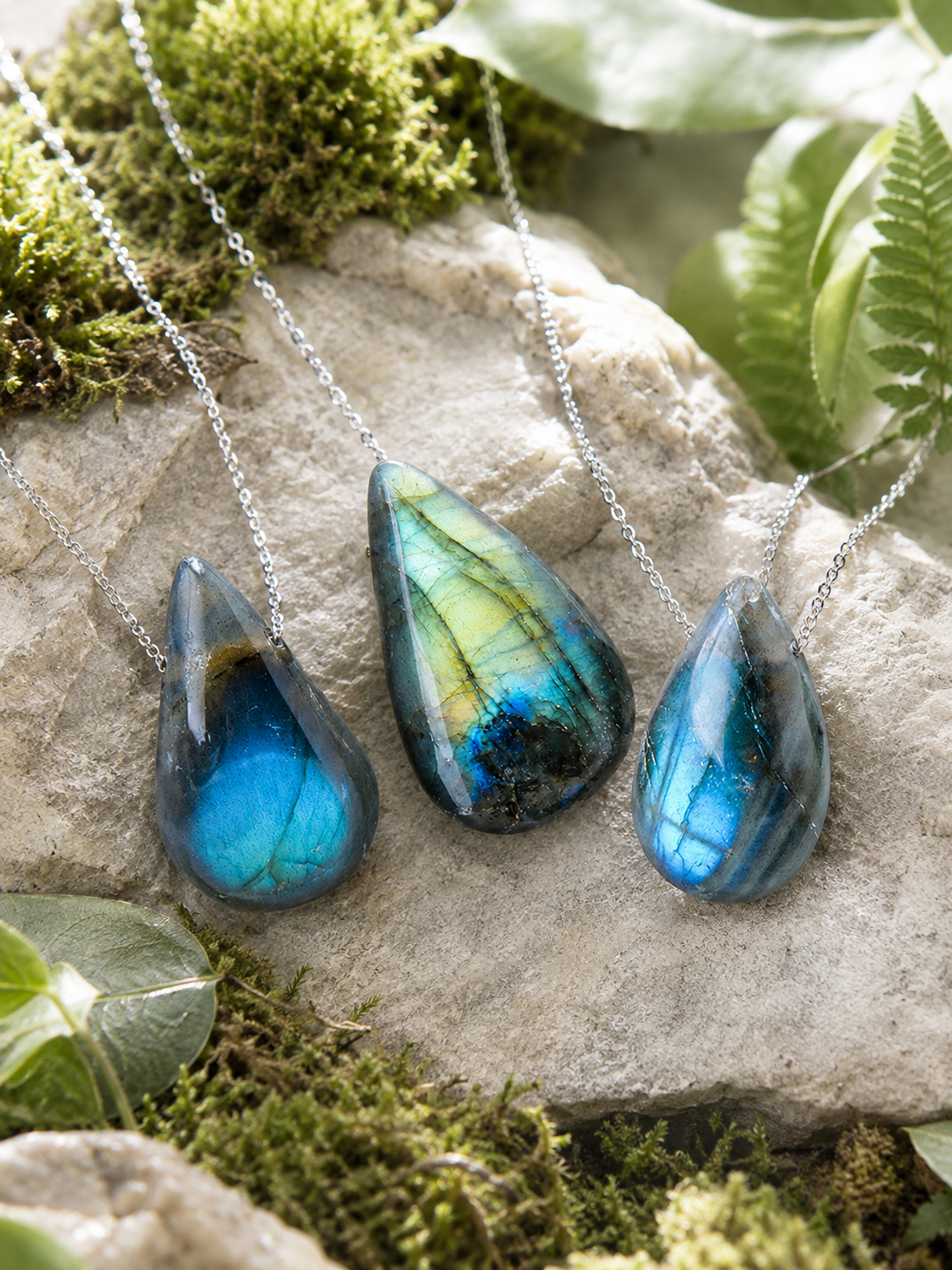 Three teardrop pendants displayed together, showing blue and green flashes from different angles