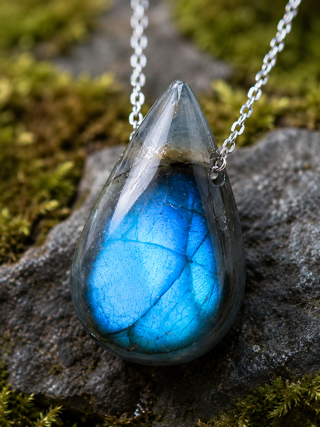 Close view of the teardrop pendant, showing a bright blue flash and dark surface lines