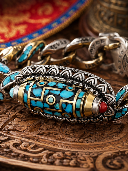 Tibetan Nine-Eye Dzi Guardian Bracelet — detail view