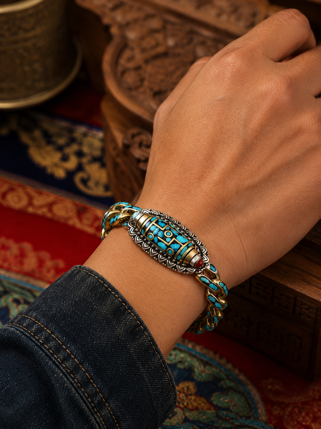 Tibetan Nine-Eye Dzi Guardian Bracelet — wearing view