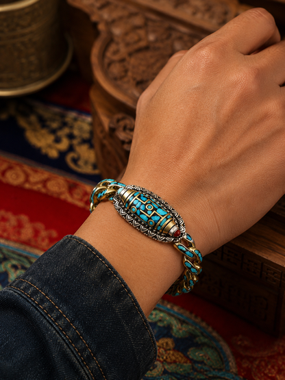 Tibetan Nine-Eye Dzi Guardian Bracelet — wearing view