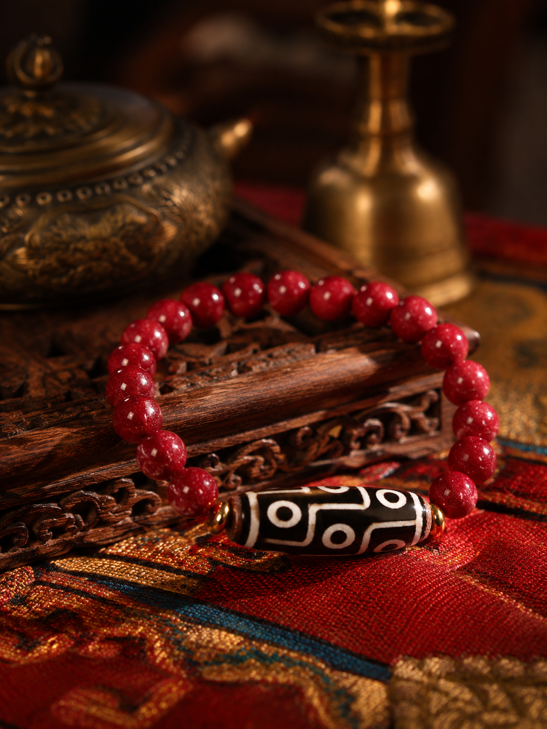Tibetan Nine-Eye Dzi & Cinnabar Bracelet — main product view