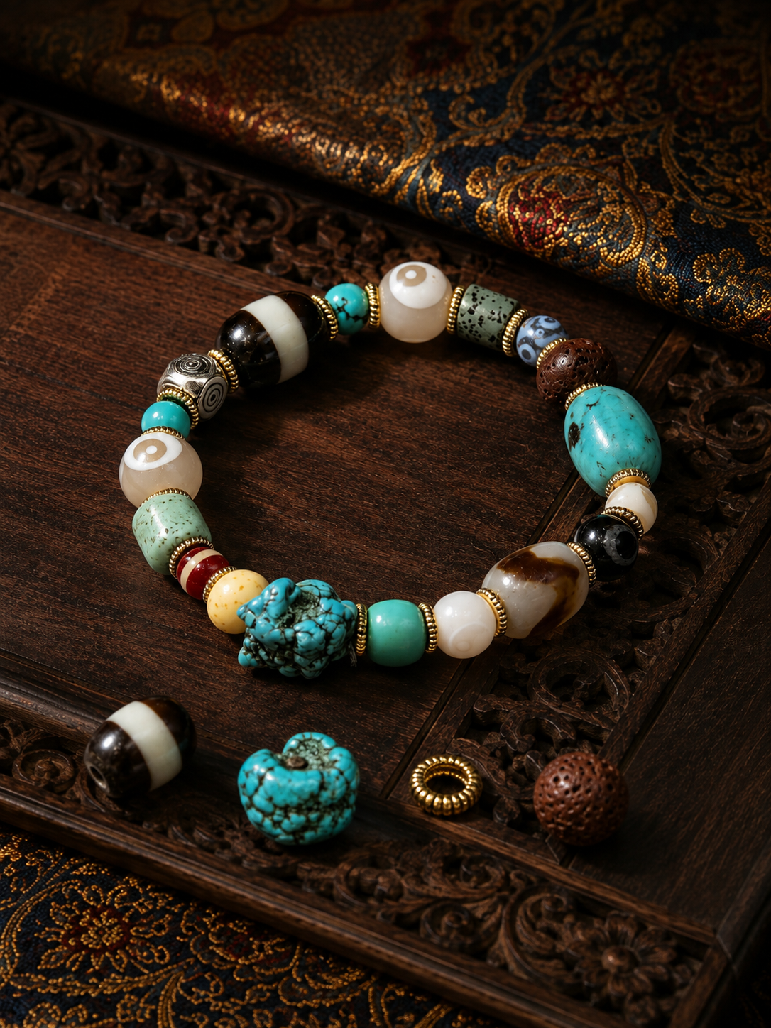 Tibetan Multi-Treasure Agate Dzi Bracelet — alternate view