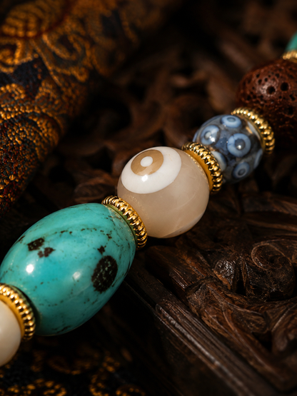 Tibetan Multi-Treasure Agate Dzi Bracelet — detail view