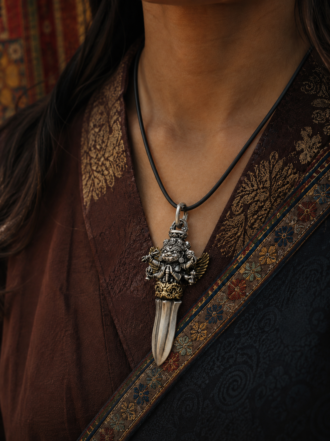 Tibetan Phurba Kila Guardian Pendant Necklace — wearing view