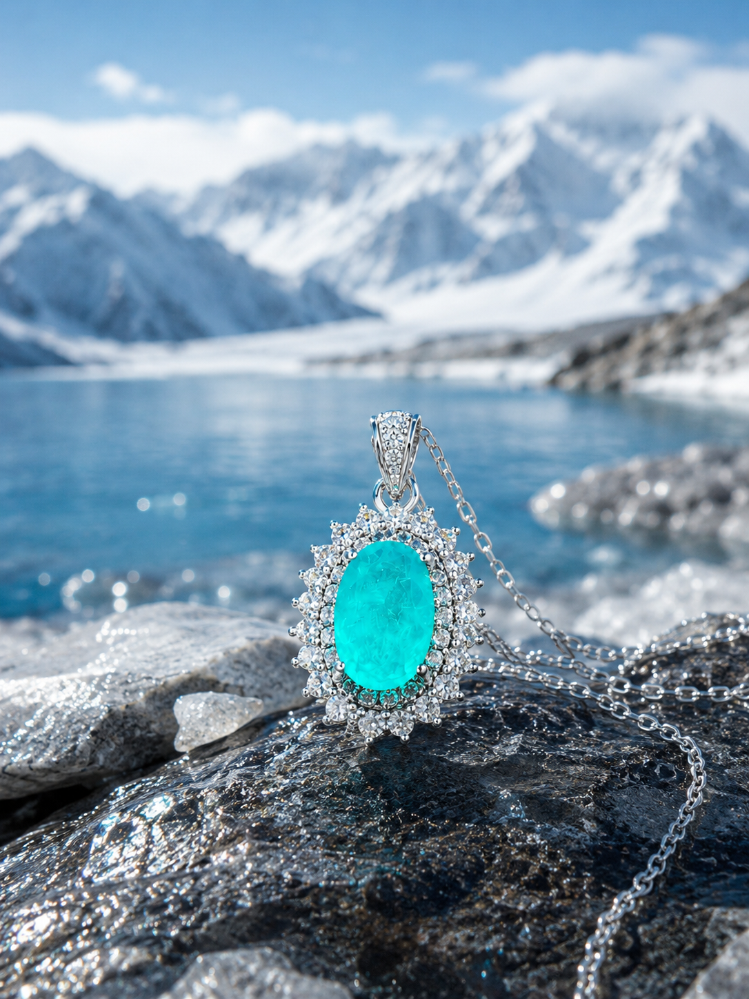 Paraiba-Tone Halo Pendant Necklace — detail view