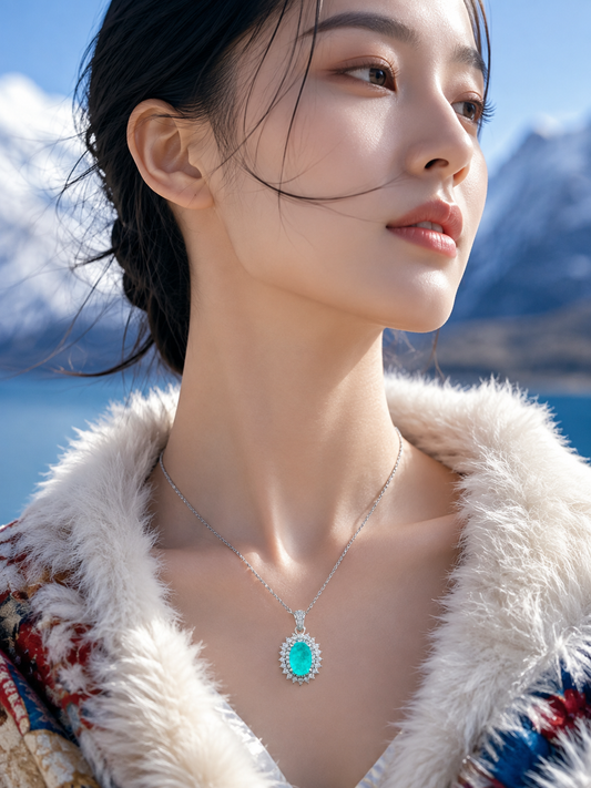 Paraiba-Tone Halo Pendant Necklace — wearing view