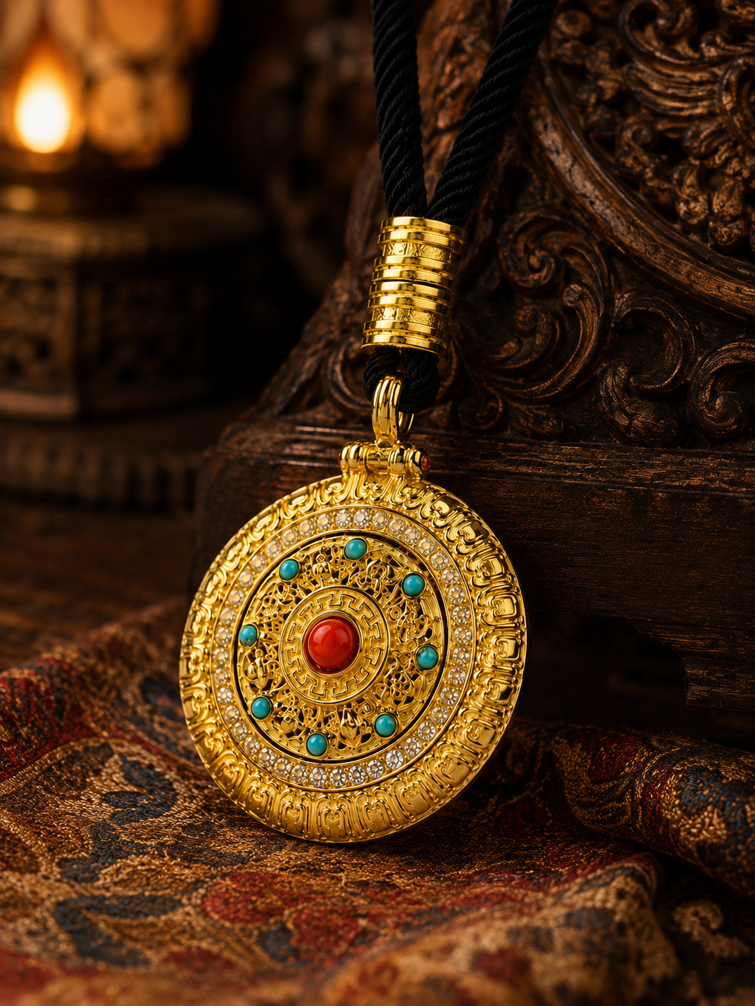 Tibetan Eight Auspicious Symbols Rotating Compass Pendant — detail view