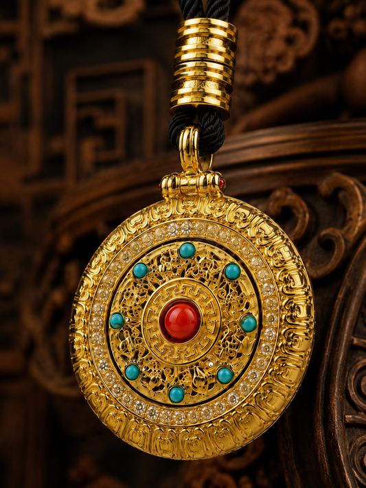 Tibetan Eight Auspicious Symbols Rotating Compass Pendant — main product view