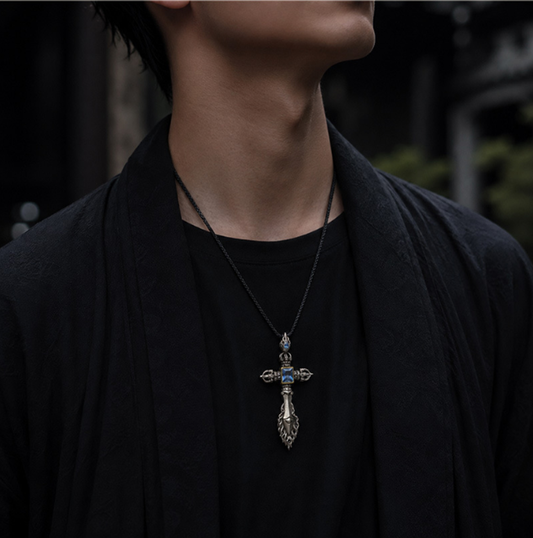 Tibetan Vajra Manjushri Wisdom Sword Pendant — wearing view