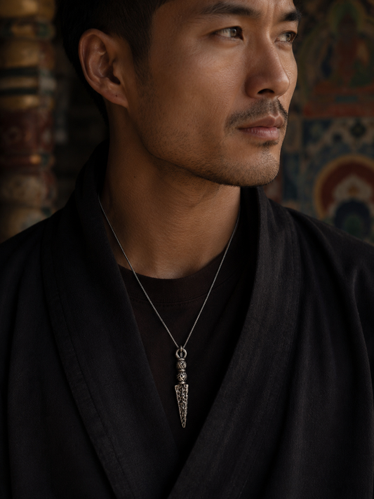 Tibetan Old-Style Vajra Guardian Pendant — wearing view