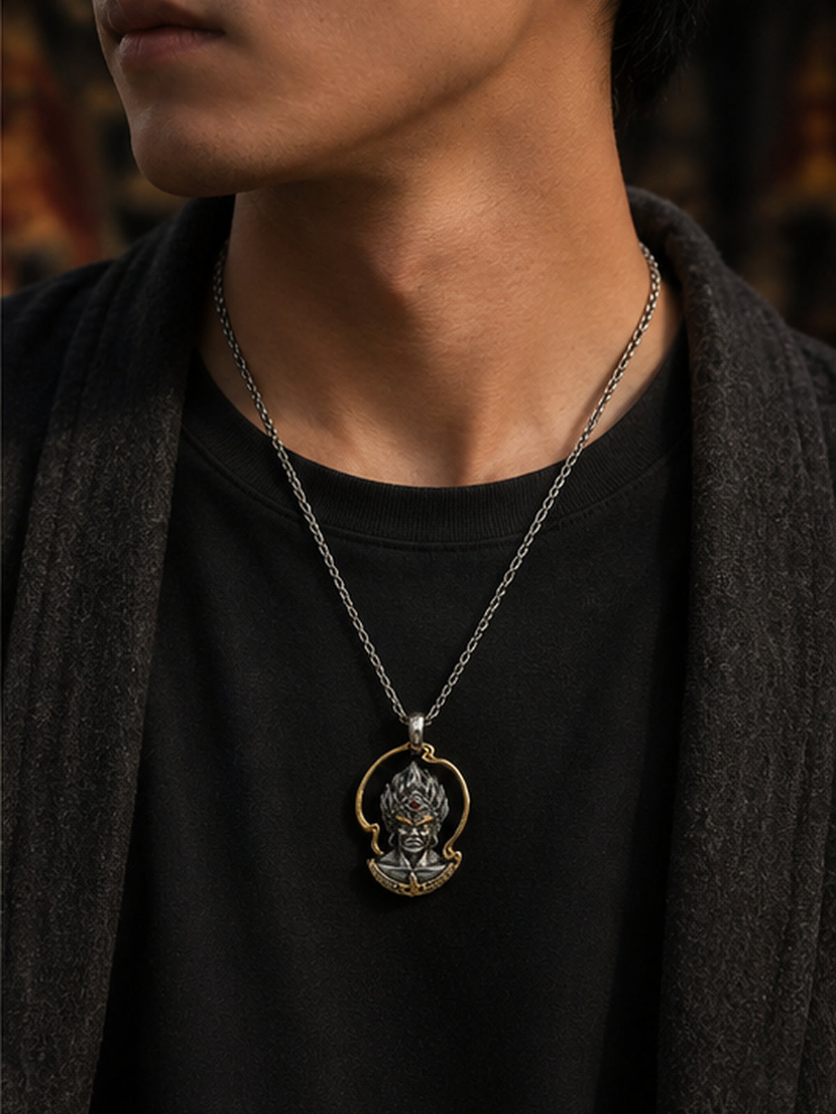 Tibetan Acala Guardian Pendant — wearing view