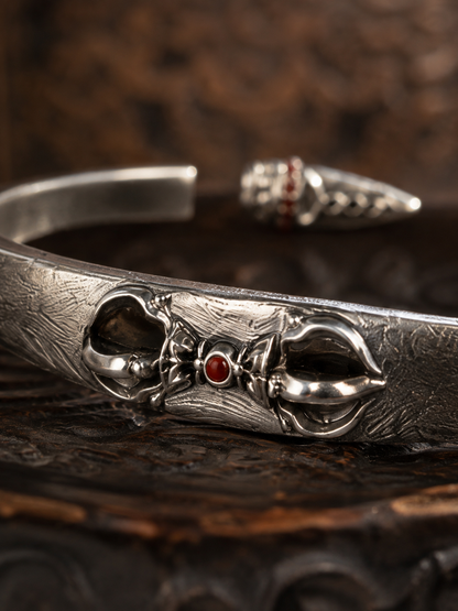 Tibetan Vajra Guardian Bangle — silver-tone detail view