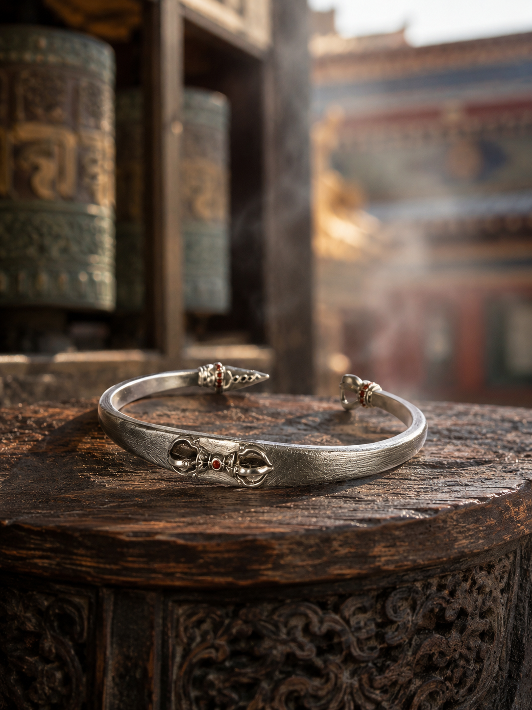 Tibetan Vajra Guardian Bangle — silver-tone main view