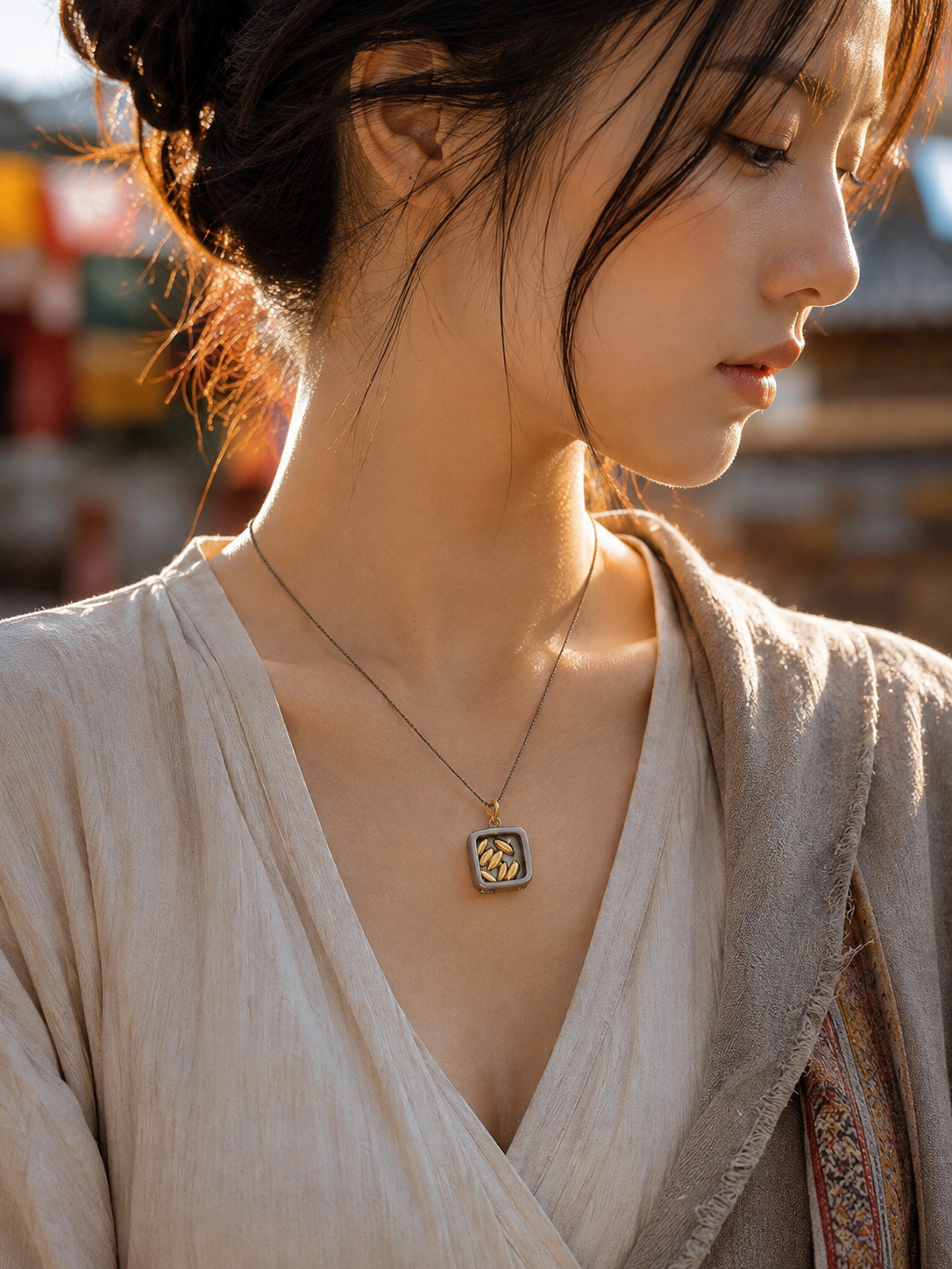 Tibetan Seven-Grain Gau Box Pendant — wearing view