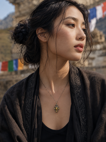 Tibetan Green Tara Guardian Pendant — wearing view