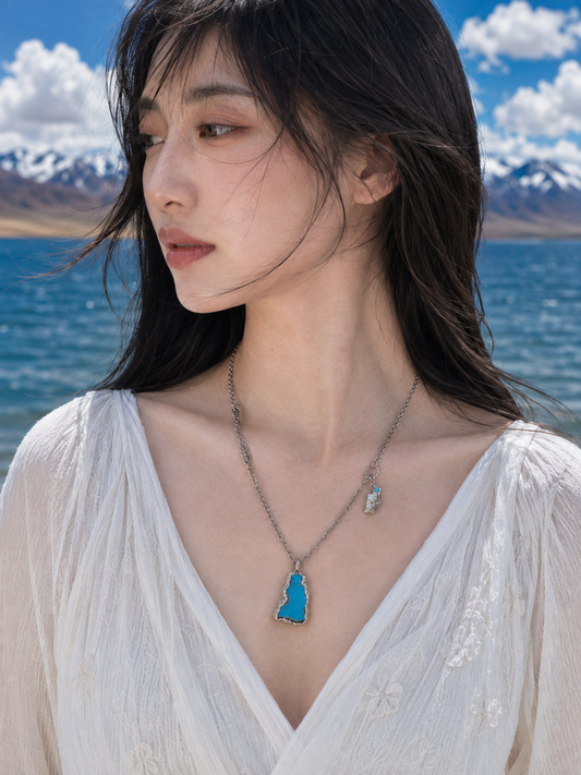 Namtso Lake Natural Turquoise Pendant — wearing view