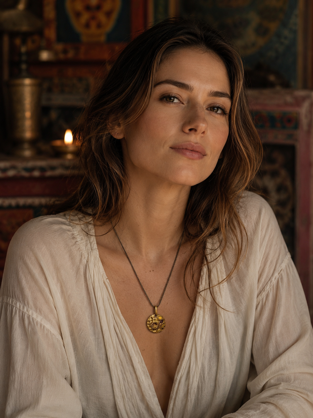 Buddhist Five-Element Blessing Pendant — alternate wearing view