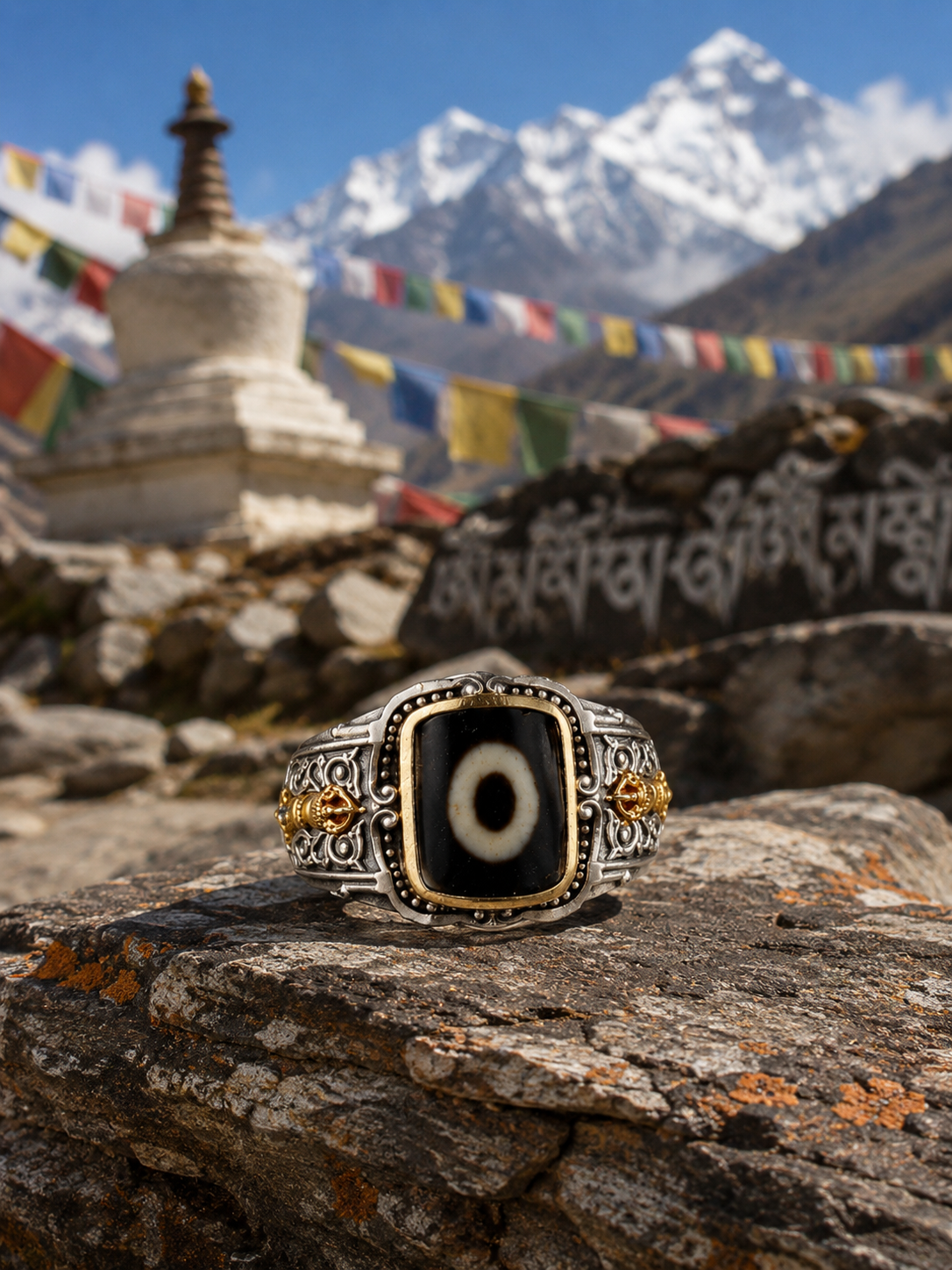 One-Eye Dzi Adjustable Tibetan Treasure Ring — Himalayan context view