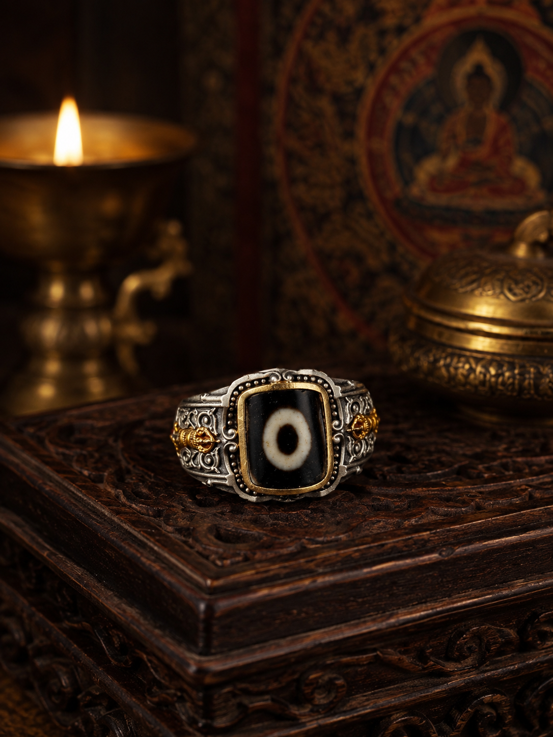 One-Eye Dzi Adjustable Tibetan Treasure Ring — front product view