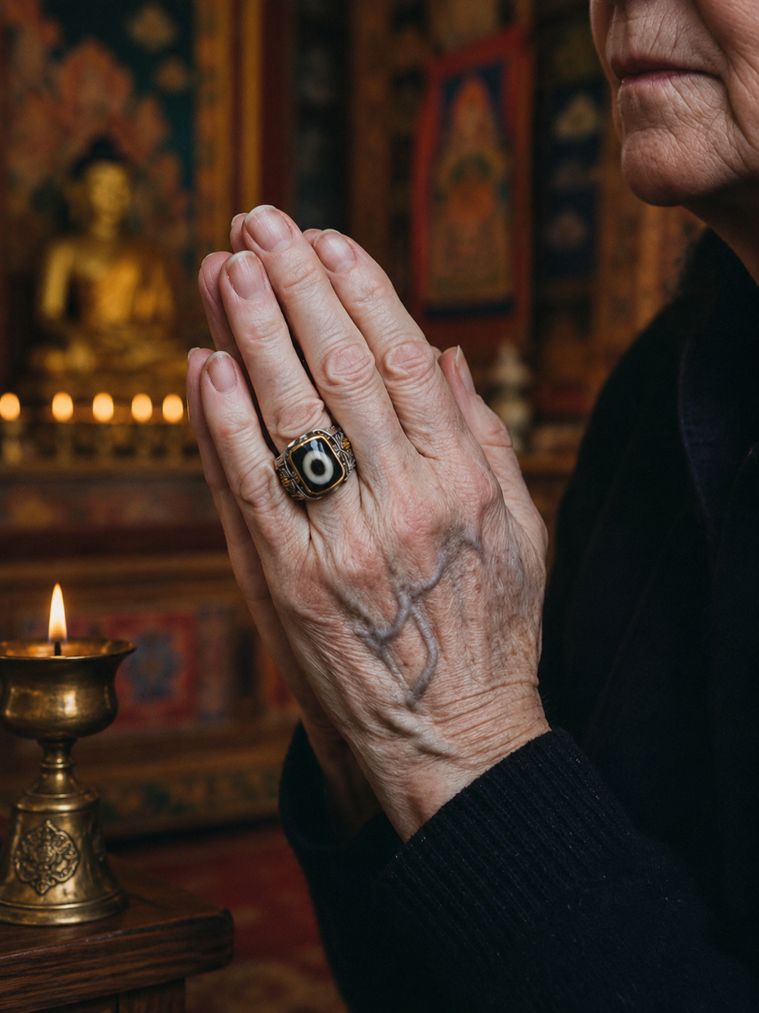 One-Eye Dzi Adjustable Tibetan Treasure Ring — prayer wearing scene