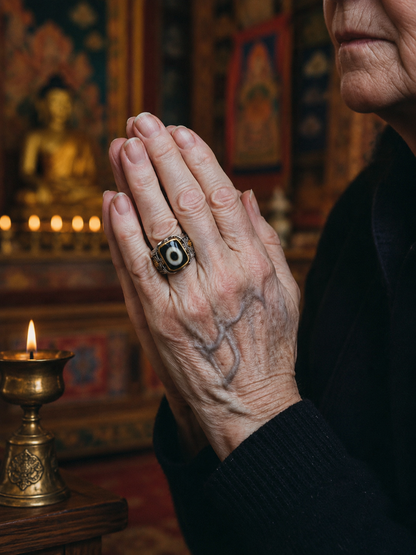 One-Eye Dzi Adjustable Tibetan Treasure Ring — prayer wearing scene