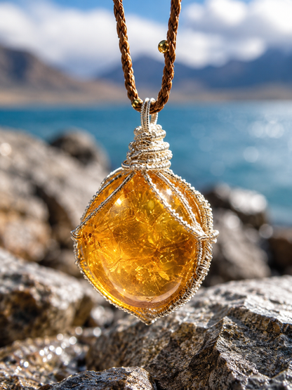 Close-up of the wire-wrapped natural citrine pendant