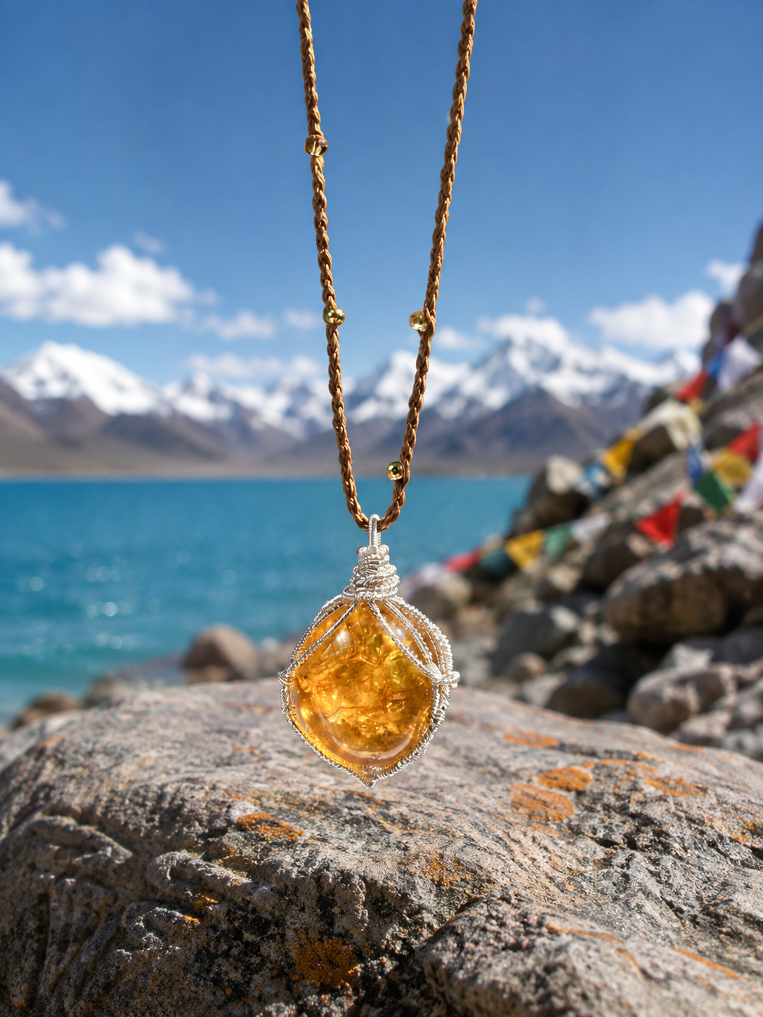 Tibetan natural citrine pendant necklace by a Himalayan lake