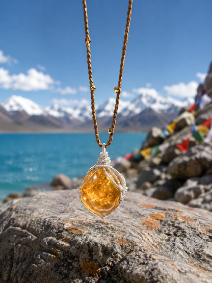 Tibetan natural citrine pendant necklace by a Himalayan lake