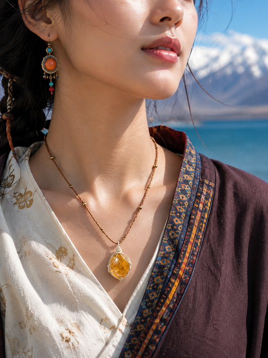 Model wearing a Tibetan natural citrine pendant necklace
