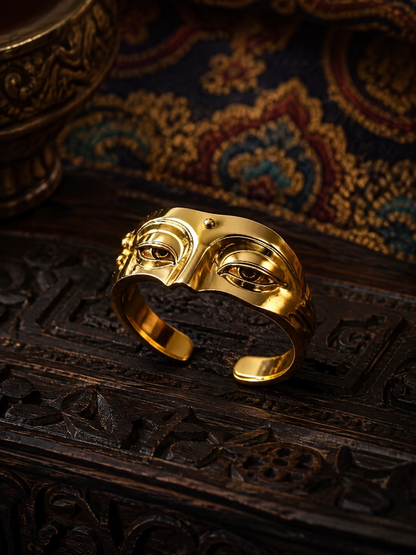 Tibetan-inspired serene Buddha face adjustable ring in gold tone